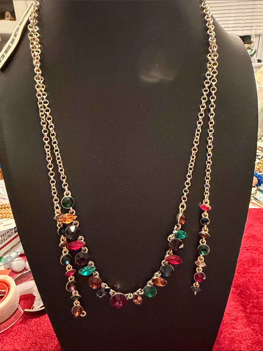 Napier Gold-Tone Multi Gemstone Drop Necklace with Green, Red and Amber Stones